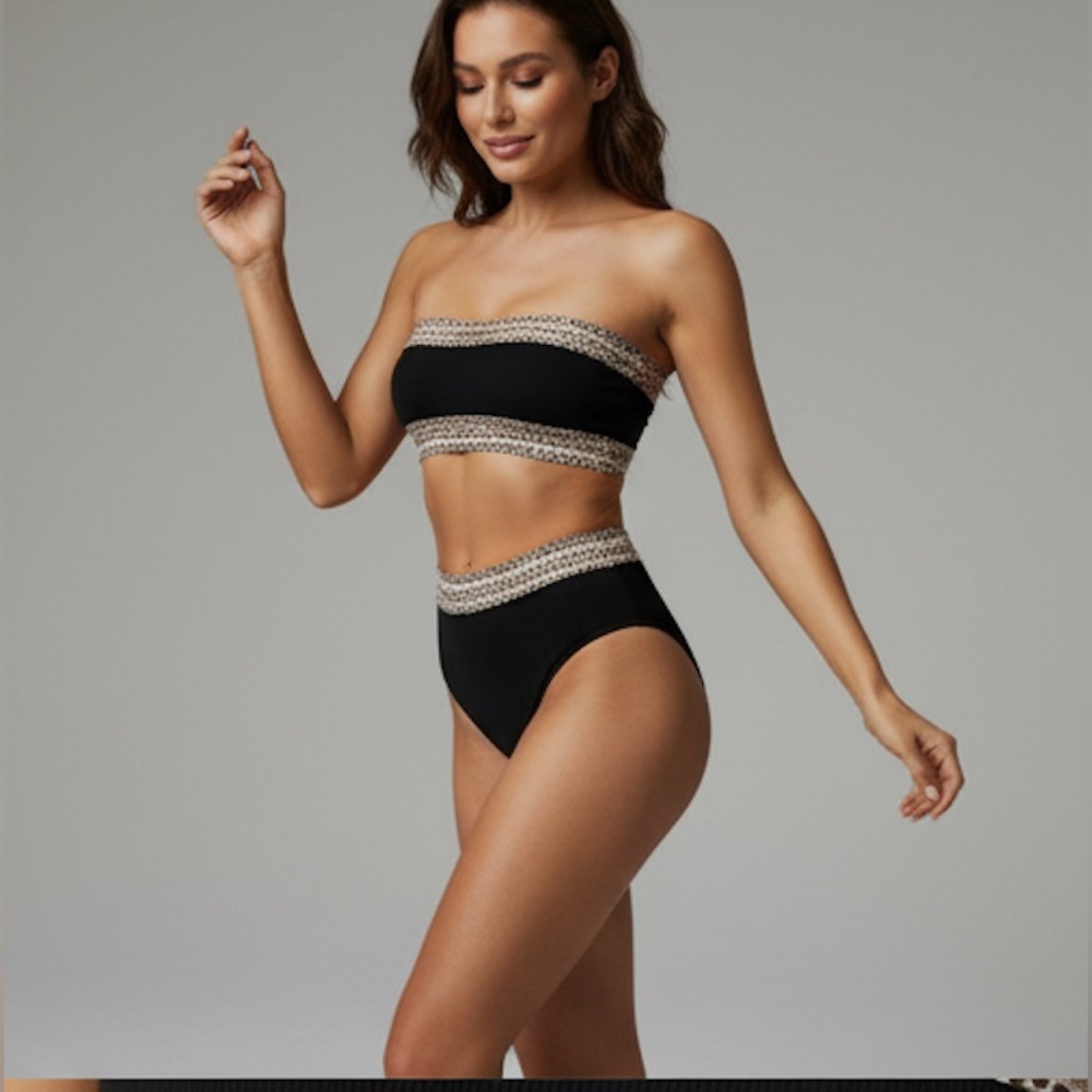 Ribbed Leopard Trim Bandeau High Waisted Bikini Swimsuit. - Picture 2 of 7